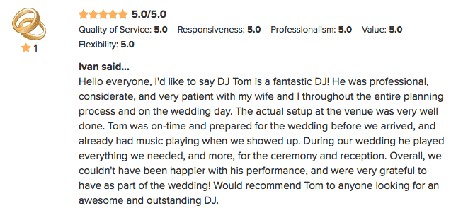 DJ Tom WeddingWire Review from Ivan