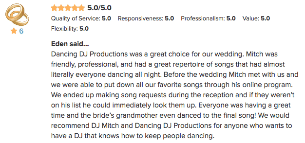 Five Star WeddingWire Review for Mitch